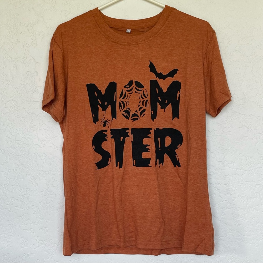 Fall/Halloween orange & black short sleeve t-shirt with “Mom-Sterling” graphics